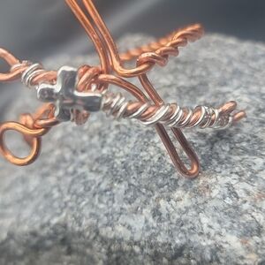 Handcrafted Copper and Silver Wire Cross Bracelet - Women's Jewelry